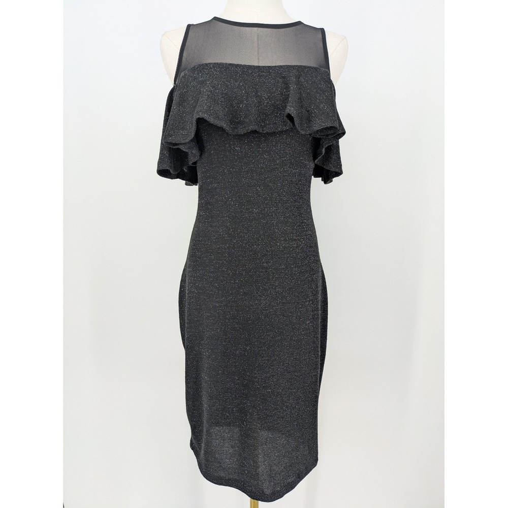 Little Black Dress Small Bodycon Glitter Metallic Sheer Mesh Ruffle Goth Y2K Mid